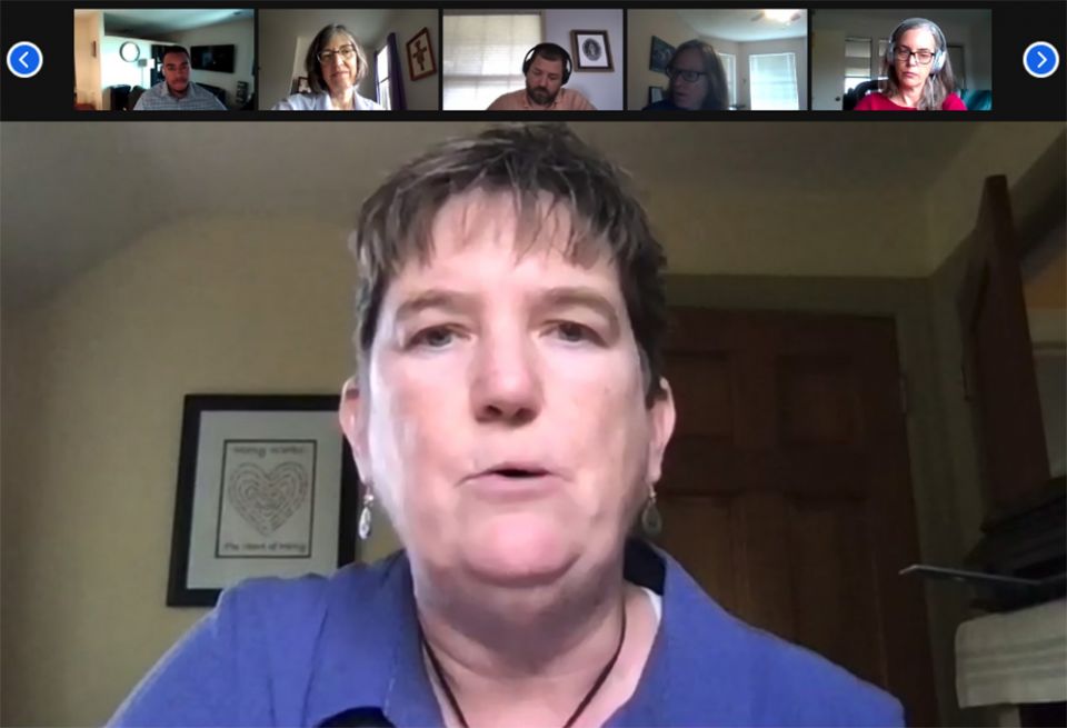 Margie Winters, a former educator at Waldron Mercy Academy in Merion, Pennsylvania, who was fired because she is married to a woman, speaks June 4 during a session of the College Theology Society's annual gathering. (NCR screenshot)