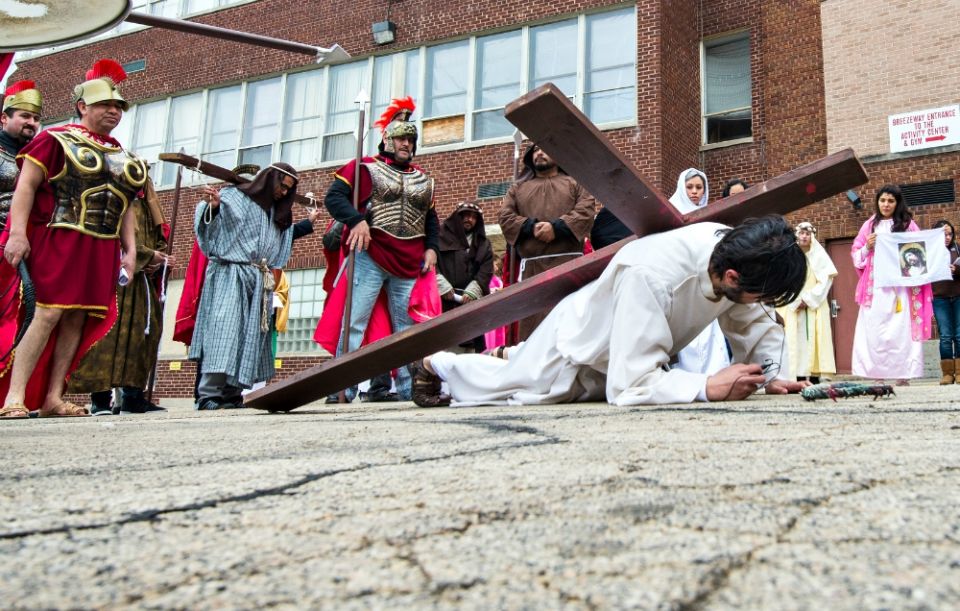 Members of the Hispanic community of St. Therese Parish in Appleton, Wisconsin, participate in a re-enactment of the Stations of the Cross on Good Friday, April 3, 2015. (CNS/The Compass/Sam Lucero)