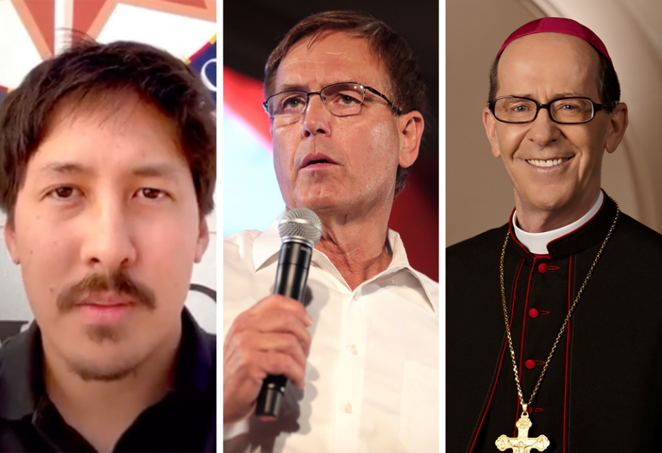 Ron Watkins, from left, Jim Lamon and Phoenix Bishop Thomas Olmsted (Video screen grab, Gage Skidmore/The Star News Network, and Diocese of Phoenix)