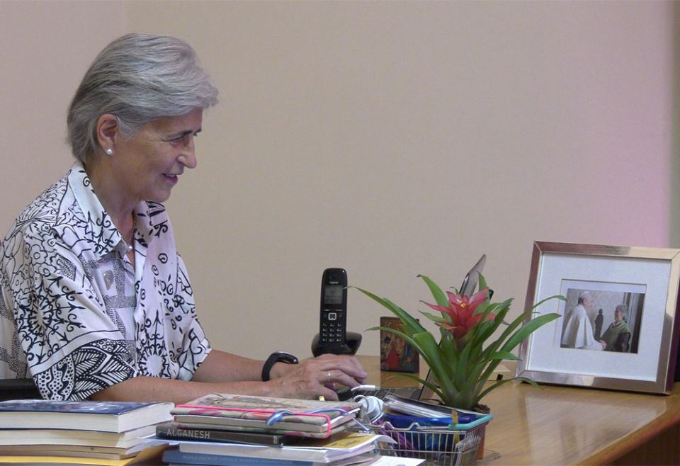 María Lía Zervino in her sparsely decorated office at the World Union of Catholic Women's Organizations in Rome. "We moved in right in the middle of the pandemic," she told NCR. (Justin McLellan)