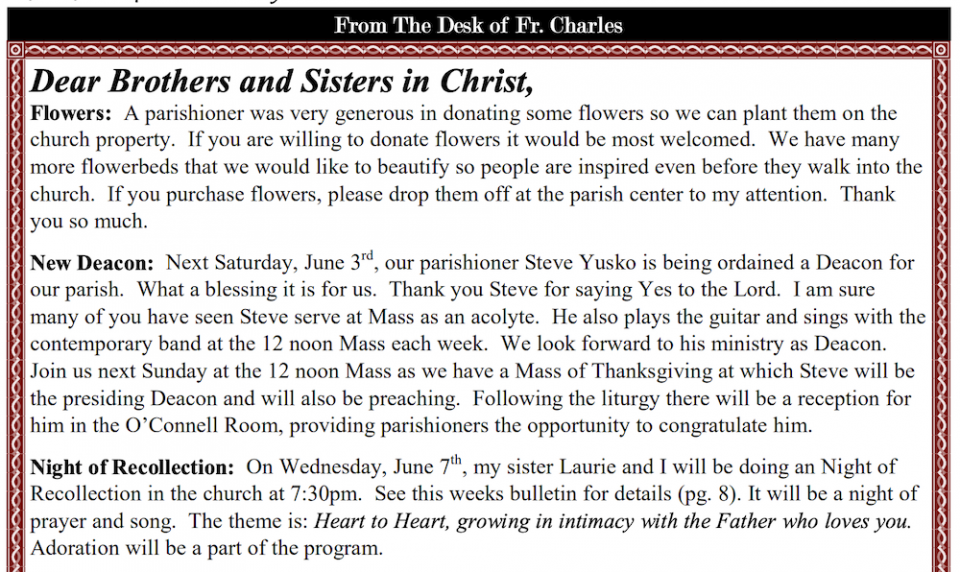 Clip from bulletin of St. Joseph Roman Catholic Church, week of May 28, 2017, page 2, showing Fr. Charles Mangano's "from the desk of" feature that includes an announcement of the June 3 ordination of Stephen Yusko as a deacon. (NCR screenshot)