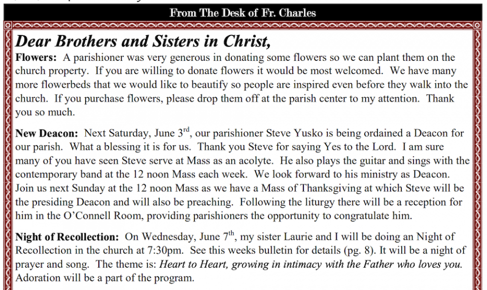 Clip from bulletin of St. Joseph Roman Catholic Church, week of May 28, 2017, page 2, showing Fr. Charles Mangano's "from the desk of" feature that includes an announcement of the June 3 ordination of Stephen Yusko as a deacon. (NCR screenshot) Clip from bulletin of St. Joseph Roman Catholic Church, week of May 28, 2017, page 2, showing Fr. Charles Mangano's "from the desk of" feature that includes an announcement of the June 3 ordination of Stephen Yusko as a deacon. (NCR screenshot)