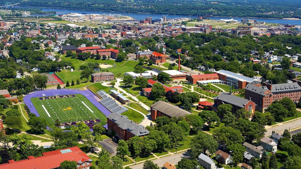 An aerial view of the Loras College campus in Dubuque, Iowa (Courtesy of Loras College)