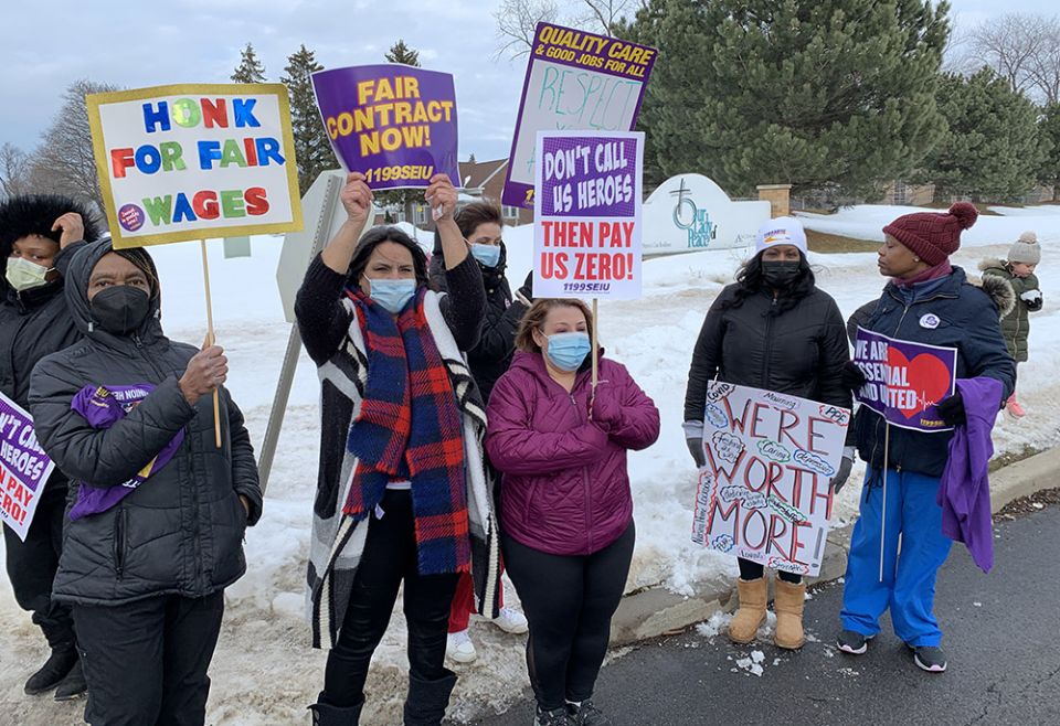 Ascension Living workers at our Lady of Peace hold signs during a one-day strike March 9 in Lewiston, New York (Courtesy of 1199SEIU United Healthcare Workers East)