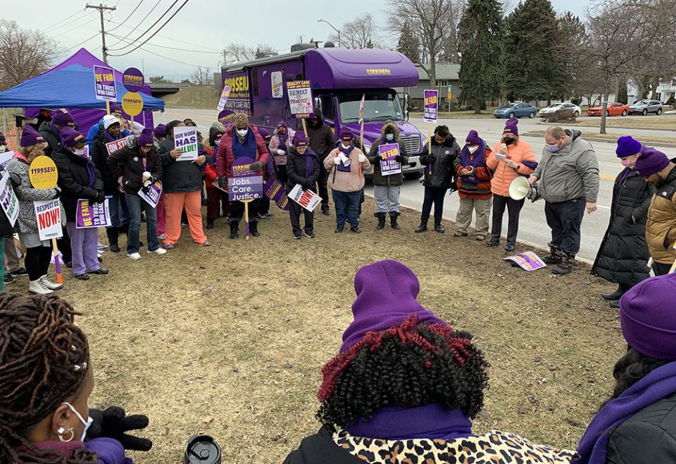 Ascension Living workers at our Lady of Peace pray before a one-day strike March 9 in Lewiston, New York (Courtesy of 1199SEIU United Healthcare Workers East)