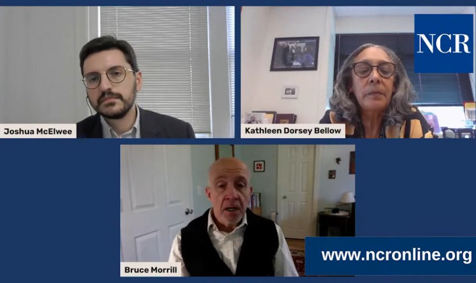NCR news editor Joshua McElwee; Kathleen Dorsey Bello, director of the Institute for Black Catholic Studies at Xavier University of Louisiana; and Jesuit Fr. Bruce Morrill, Edward A. Malloy Chair of Roman Catholic Studies at Vanderbilt University (NCR)