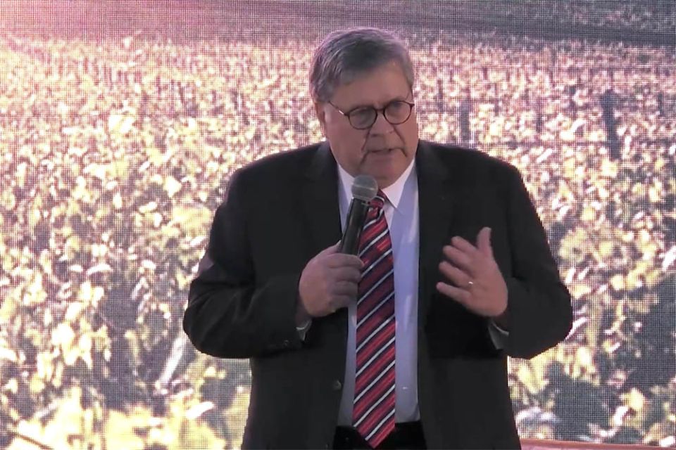 Former U.S. Attorney Gen. William Barr addresses the audience July 30 at the Napa Institute's annual summer conference. (NCR screenshot)