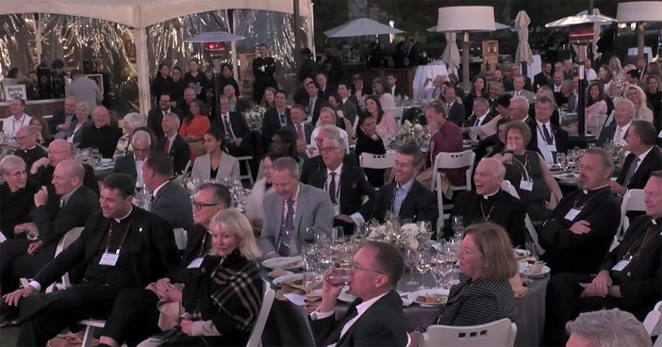 High-profile clerics and Catholic laity listen as former U.S. Attorney Gen. William Barr speaks July 30 at the Napa Institute's annual summer conference. (NCR screenshot)