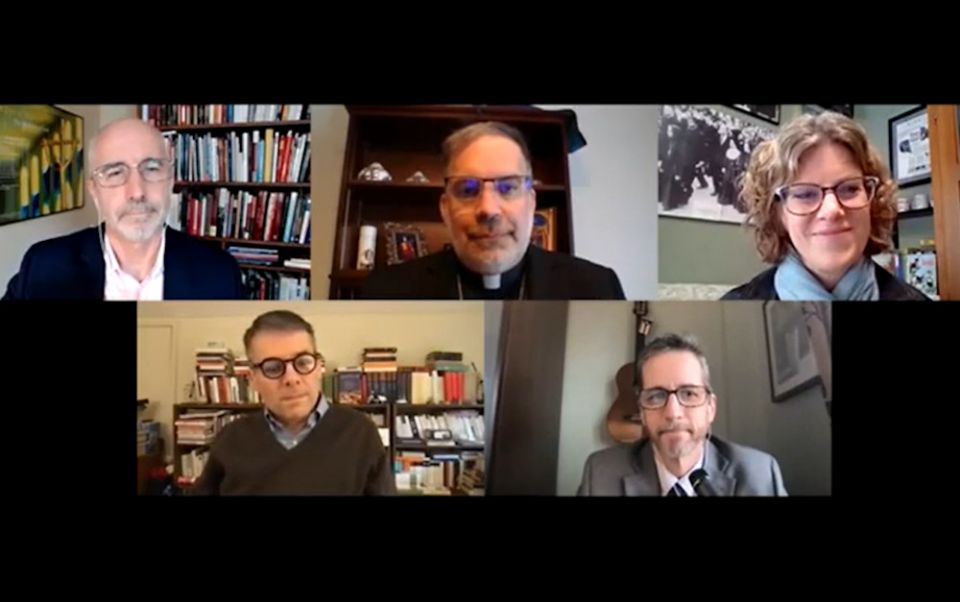 David Gibson of Fordham's Center on Religion and Culture; Bishop John Stowe of Lexington, Kentucky; Heidi Schlumpf, NCR executive editor; Massimo Faggioli of Villanova University; and Michael Lee of Fordham University participate in a panel event.