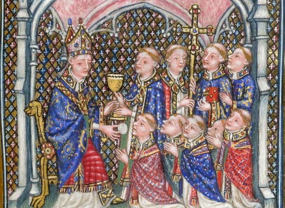 Newly ordained priests kneel to receive Communion, depicted in an illumination circa 1390-1402. (British Library) Newly ordained priests kneel to receive Communion, depicted in an illumination circa 1390-1402. (British Library)