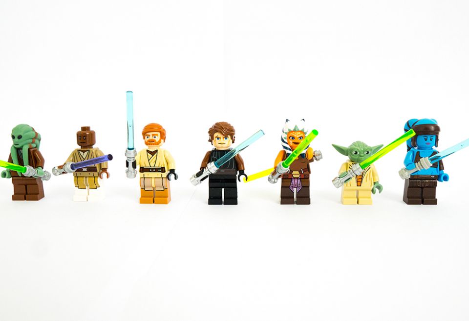 Lego "Star Wars" minifigures are pictured, including (from left) Kit Fisto; Mace Windu; Obi-Wan Kenobi; Anakin Skywalker; Ahsoka Tano; Yoda; and Aayla Secura. (Unsplash/Eric & Niklas)