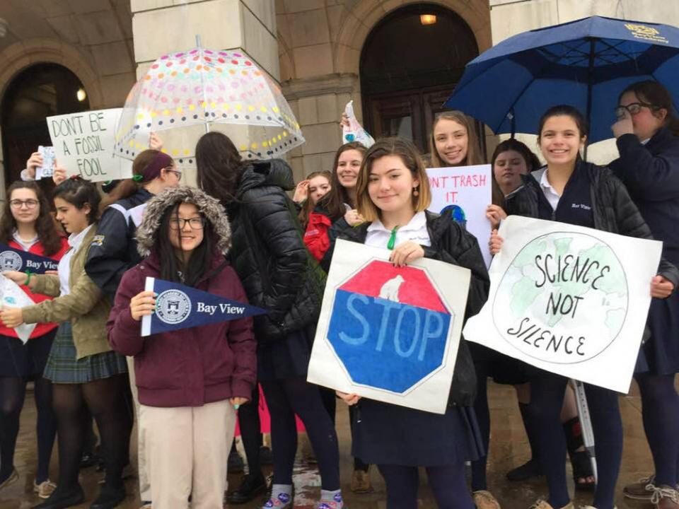 Students from St. Mary Academy-Bay View join the student climate strike on March 15 outside the statehouse in Providence, Rhode Island. (Sr. Mary Pendergast)