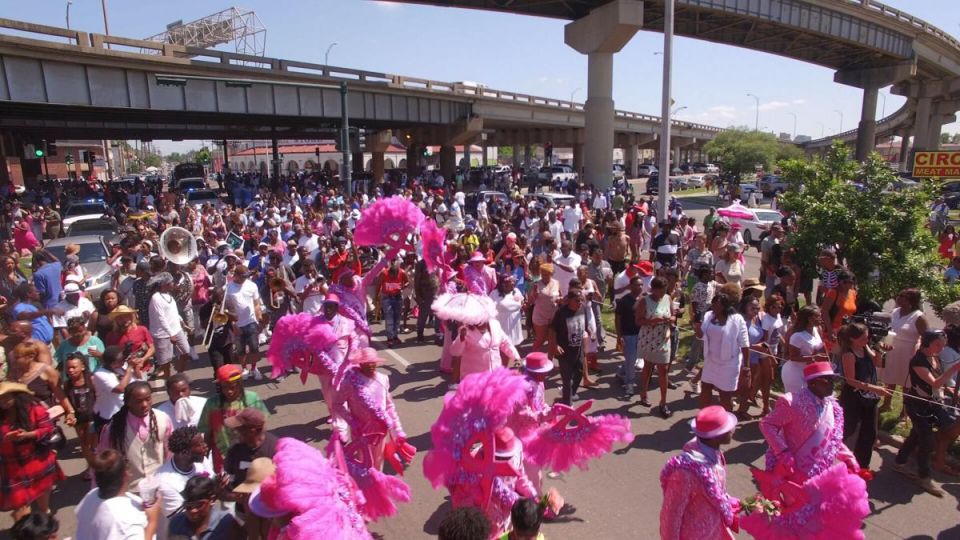 Members of the Original Big 7 social aid and pleasure club second-line in a scene from director Jason Berry's 2021 jazz funeral documentary "City of a Million Dreams." (Courtesy photo)