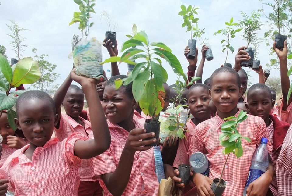 Children hold tree seedlings ready to plant in Tanzania as part of an environmental education project. (FaithInvest) 