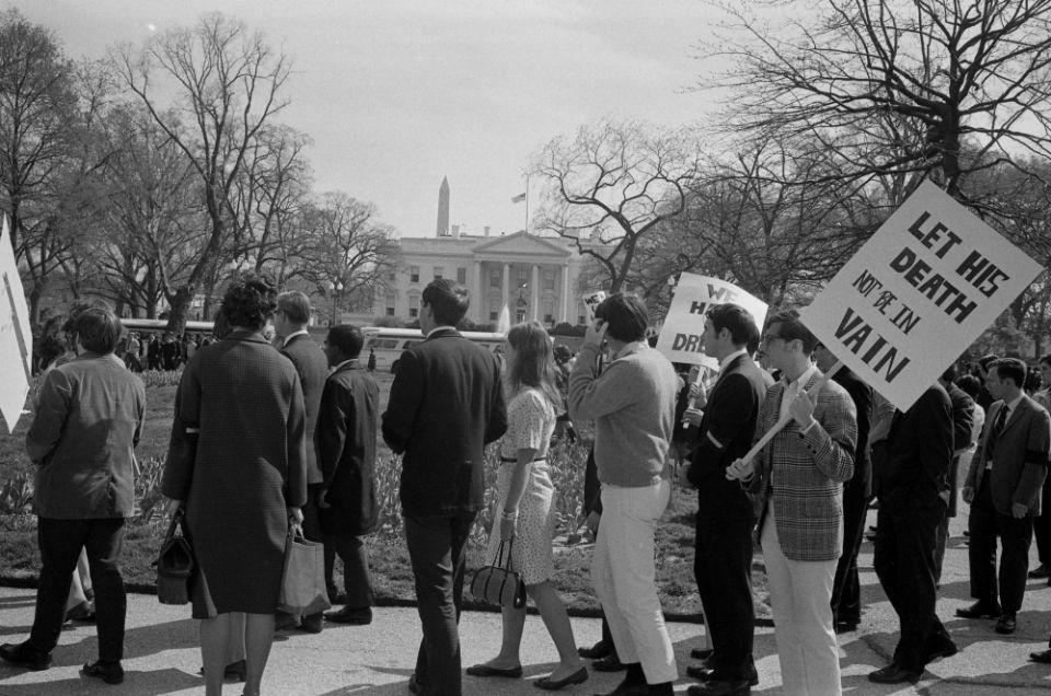 Demonstrators march in front of the White House in Washington, D.C., after the assassination of the Rev. Martin Luther King Jr. in April 1968. (Library of Congress/U.S. News & World Report Magazine collection/Marion S. Trikosko)