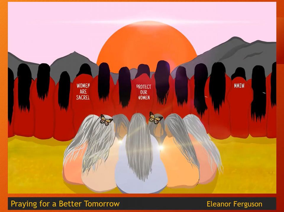 Eleanor Ferguson, 18, created this painting in recognition of Indigenous women who have gone missing or been murdered. Months before painting it, Ferguson's cousin also disappeared. (NCR screenshot)