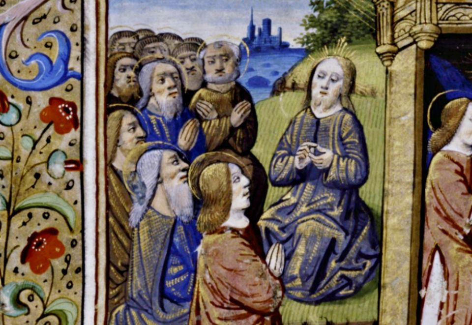 A 15th-century French miniature depicts Jesus teaching the Our Father. (Courtesy of the New York Public Library)