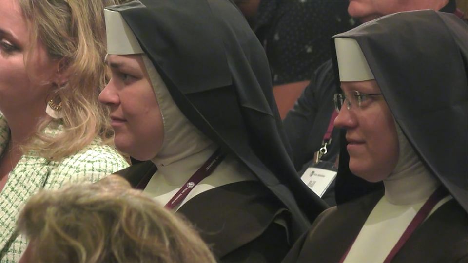 Two religious women listen to a panel discussion on the future for the anti-abortion movement during the Napa Institute's annual summer conference, held July 27-31.  (NCR screenshot)