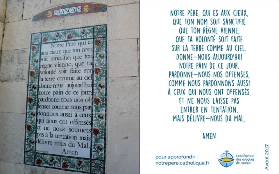 Left: The earlier French translation of the Lord's Prayer is seen at the Church of the Pater Noster in Jerusalem (Wikimedia Commons/Laubrière). Right: A brochure from the French bishops' conference gives the new translation. Left: The earlier French translation of the Lord's Prayer is seen at the Church of the Pater Noster in Jerusalem (Wikimedia Commons/Laubrière). Right: A brochure from the French bishops' conference gives the new translation.