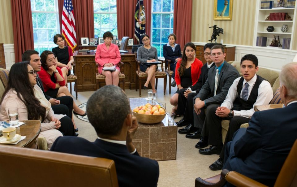 In May 2013 in the Oval Office, President Barack Obama and Vice President Joe Biden meet with young people who have benefited from the Deferred Action for Childhood Arrivals program and with U.S. citizen family members of undocumented immigrants. In May 2013 in the Oval Office, President Barack Obama and Vice President Joe Biden meet with young people who have benefited from the Deferred Action for Childhood Arrivals program and with U.S. citizen family members of undocumented immigrants.