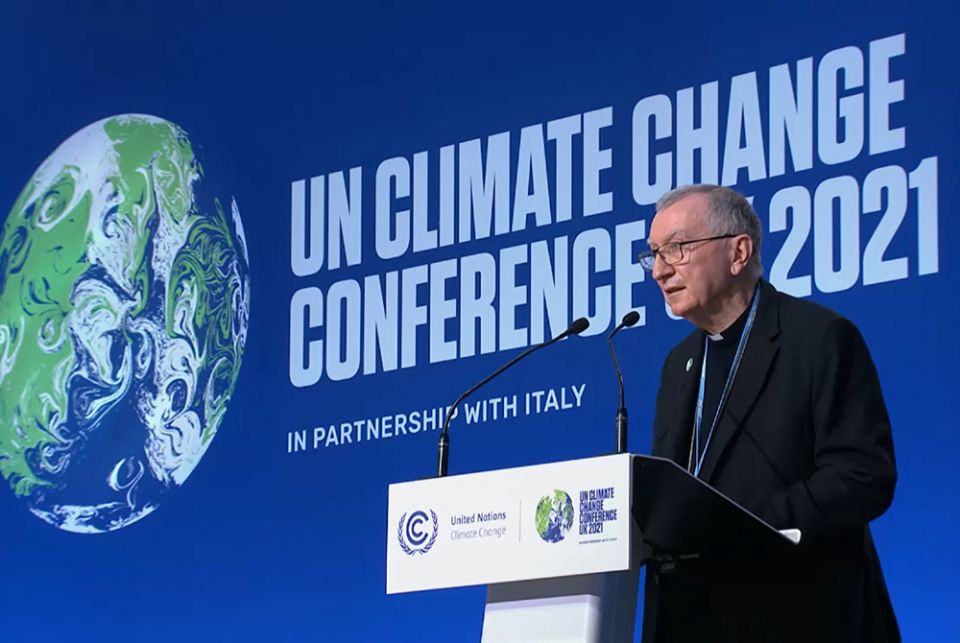 Cardinal Pietro Parolin, the Vatican secretary of state, read an excerpt from the message on the pope's behalf on Nov. 2, the second day of a two-day summit of world leaders, during COP26 at Glasgow, Scotland. (EarthBeat screengrab) Cardinal Pietro Parolin, the Vatican secretary of state, read an excerpt from the message on the pope's behalf on Nov. 2, the second day of a two-day summit of world leaders, during COP26 at Glasgow, Scotland. (EarthBeat screengrab)