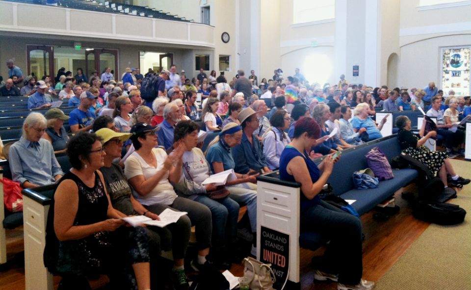 An interfaith crowd gathers in First Congregational Church in Berkeley, California, to prepare to participate in a counterdemonstration to a march organized by white supremacists. (Tom Webb) An interfaith crowd gathers in First Congregational Church in Berkeley, California, to prepare to participate in a counterdemonstration to a march organized by white supremacists. (Tom Webb)