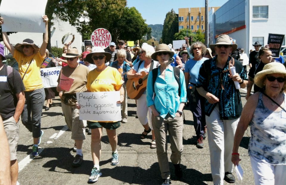 Faith-based demonstrators march to the Berkeley Civic Center in Berkeley, California, Aug. 27. (Tom Webb)