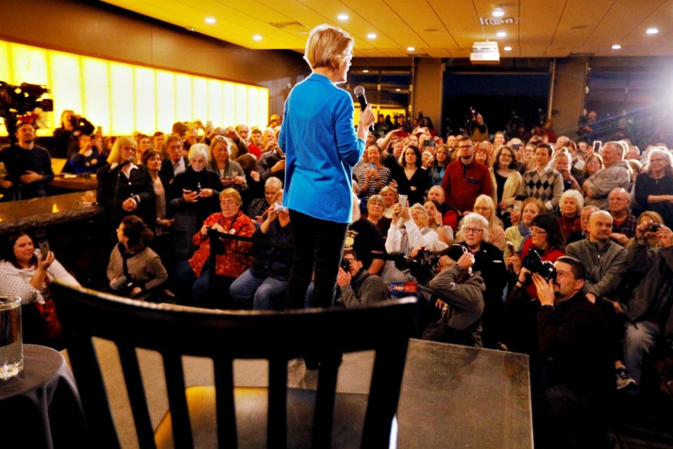 Massachusetts Sen. Elizabeth Warren speaks at an "organizing event" held at a bowling alley in Council Bluffs, Iowa, Jan. 4, after forming an exploratory committee for the 2020 presidential race. (Newscom/Reuters/Brian Snyder) Massachusetts Sen. Elizabeth Warren speaks at an "organizing event" held at a bowling alley in Council Bluffs, Iowa, Jan. 4, after forming an exploratory committee for the 2020 presidential race. (Newscom/Reuters/Brian Snyder)