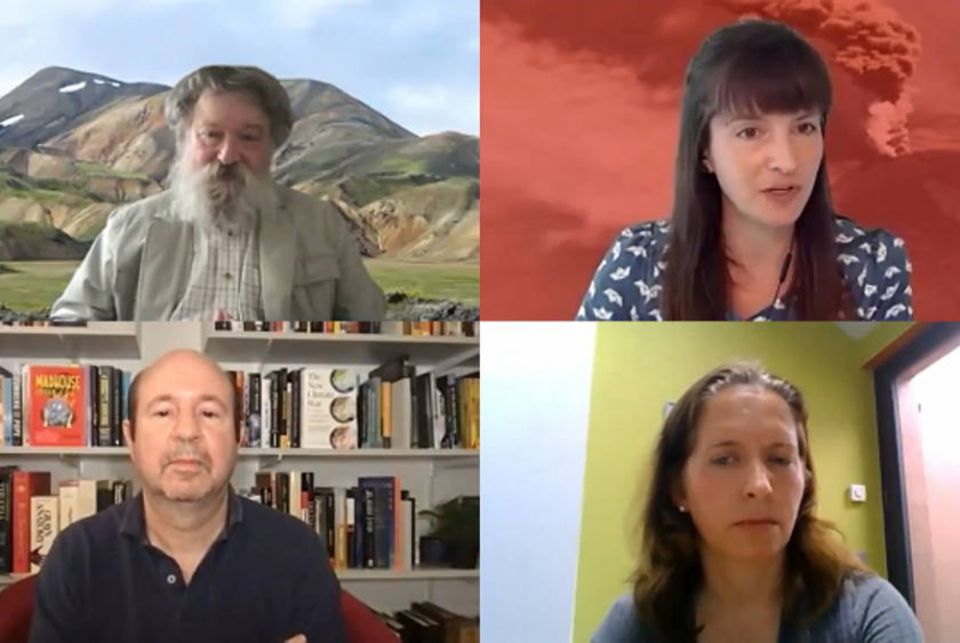 Panelists participate in "Solar Geoengineering: Warnings from Scientists, Indigenous Peoples, Youth, and Climate Activists," a June 9 webinar. From top left: Raymond Pierrehumbert of the University of Oxford; Lili Fuhr, panel moderator and head of the Hei Panelists participate in "Solar Geoengineering: Warnings from Scientists, Indigenous Peoples, Youth, and Climate Activists," a June 9 webinar. From top left: Raymond Pierrehumbert of the University of Oxford; Lili Fuhr, panel moderator and head of the Hei