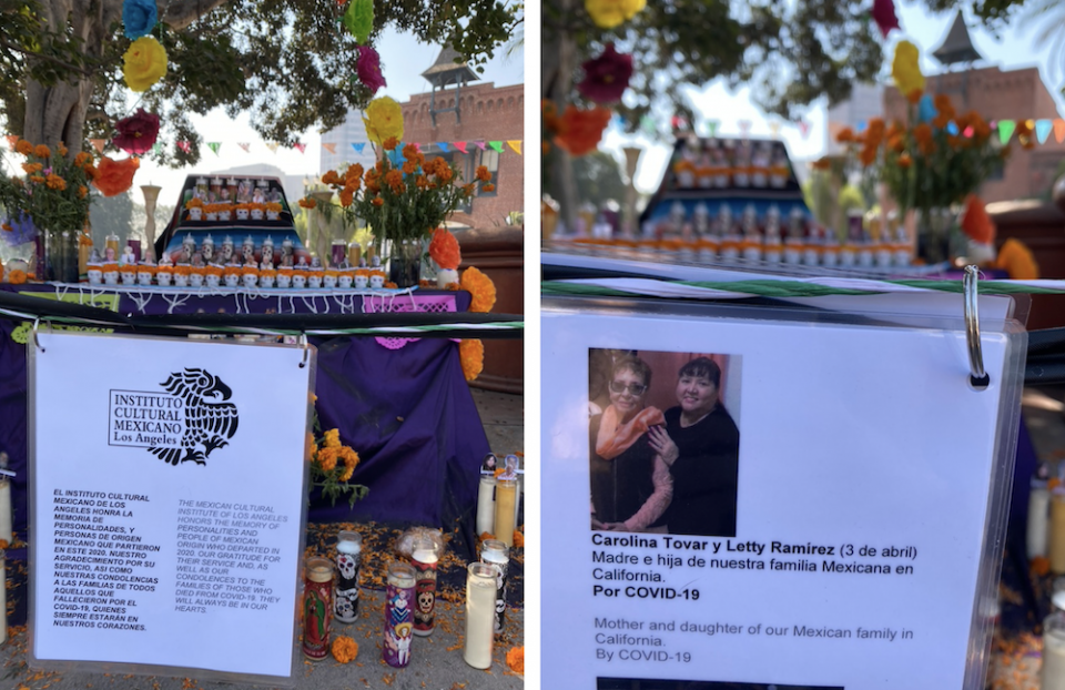 Left: The "ofrenda" altar from the Mexican Cultural Institute of Los Angeles honors 32 prominent Mexican Americans and community members who have died in the past year. Six of those depicted died from COVID-19.