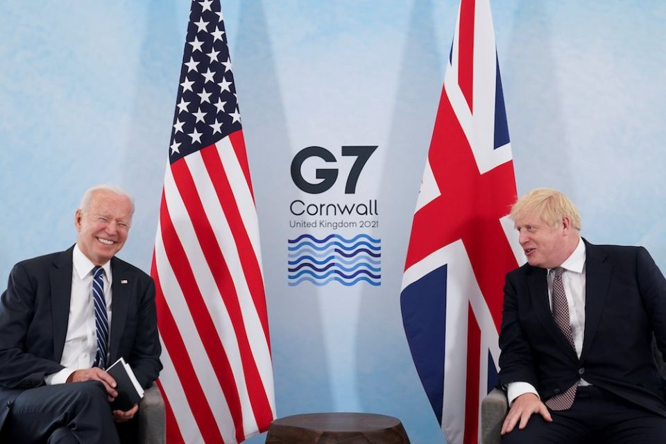 U.S. President Joe Biden laughs while speaking with British Prime Minister Boris Johnson on June 10 ahead of the Group of Seven summit. (CNS/Reuters/Kevin Lamarque) U.S. President Joe Biden laughs while speaking with British Prime Minister Boris Johnson on June 10 ahead of the Group of Seven summit. (CNS/Reuters/Kevin Lamarque)