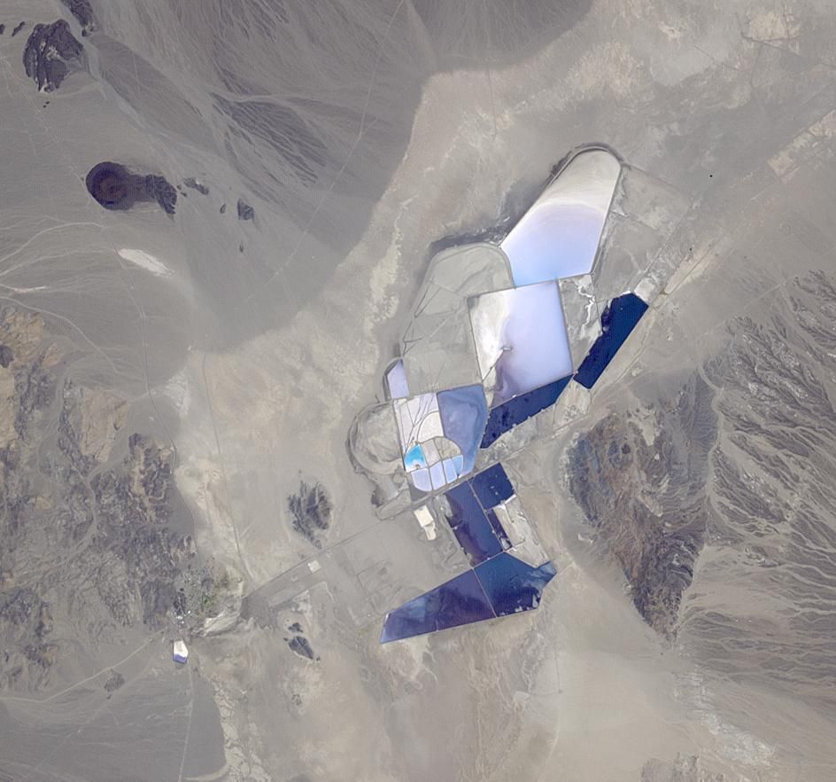 A lithium mine near Silver Peak, Nevada, is seen in this satellite image from June 2013, when it covered 68 square miles of land. (NASA/Jet Propulsion Laboratory)
