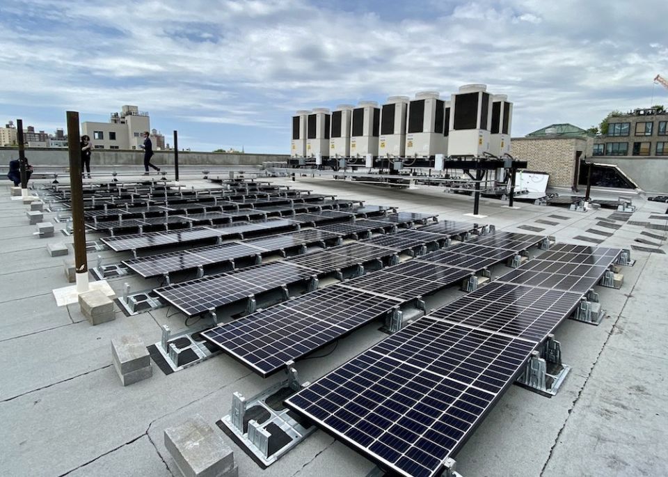 Solar panels in New York City are seen atop the Bishop Thomas V. Daily Residence in the Prospect Heights neighborhood of Brooklyn, New York. It is the first of four buildings receiving panels in a pilot project for the affordable housing units managed by 