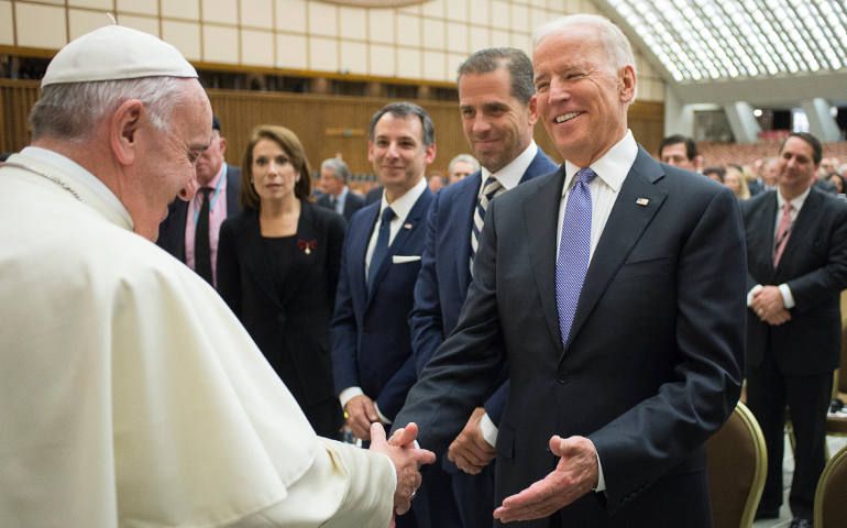 Pope Francis greets U.S. Vice President Joe Biden after both spoke at a conference on adult stem cell research at the Vatican April 29, 2016. (CNS/L'Osservatore Romano, handout)