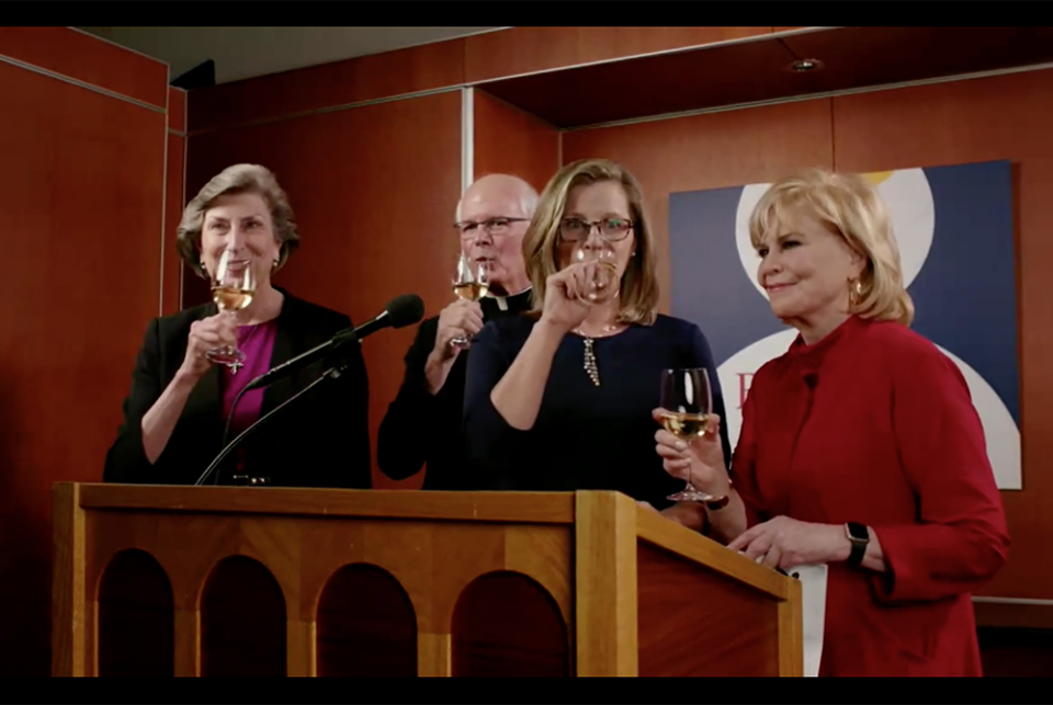 From left: Catholic Theological Union president Dominican Sr. Barbara Reid, board of trustees chair Fr. Jim Halstead, vice president for institutional advancement Colleen Kennedy, and event host Carol Marin share a toast in honor of Anthony Fauci and Chri