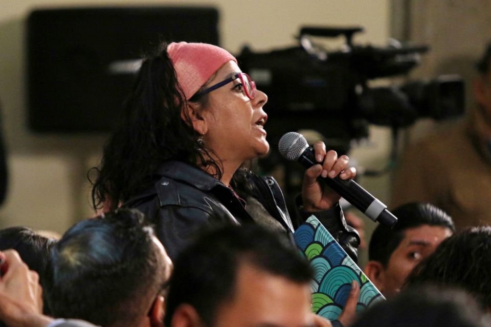 Journalist and activist Frida Guerrera speaks up during President Andrés Manuel López Obrador's morning press conference March 4 at the National Palace in Mexico City. (Newscom/SUN/Carlos Mejía)