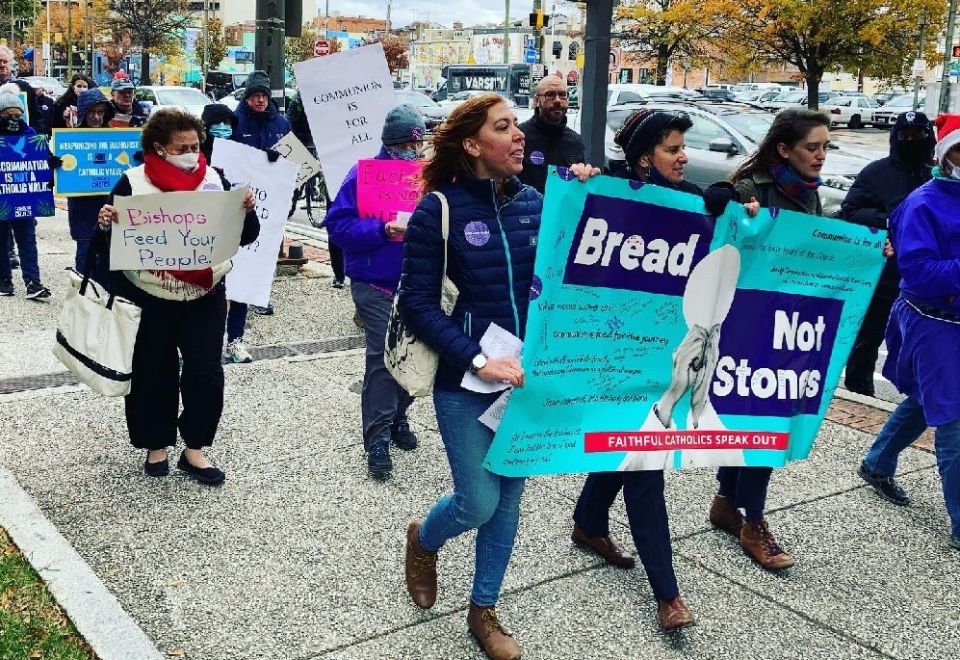 Protesters opposed to a plan to deny Communion to pro-choice politicians march in Baltimore Nov. 15 before the U.S. bishops' meeting. (Photo courtesy of Women's Ordination Conference) Protesters opposed to a plan to deny Communion to pro-choice politicians march in Baltimore Nov. 15 before the U.S. bishops' meeting. (Photo courtesy of Women's Ordination Conference)
