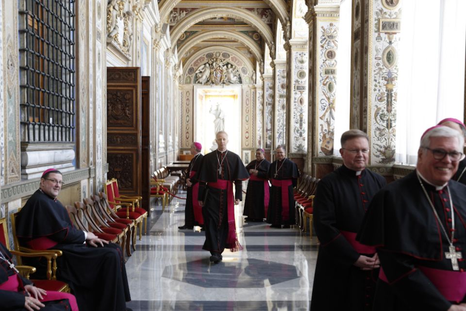 Bishop William Wack of Pensacola-Tallahassee, Florida, center, and other U.S. bishops from Florida, Georgia, North Carolina and South Carolina wait to meet Pope Francis in the Apostolic Palace at the Vatican Feb. 13, 2020. (CNS/Paul Haring) 