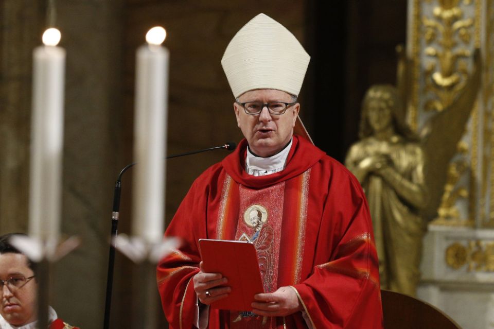 Bishop Michael Barber of Oakland, California, gives the homily at the Basilica of St. Paul Outside the Walls in Rome Jan. 31, 2020. (CNS/Paul Haring)