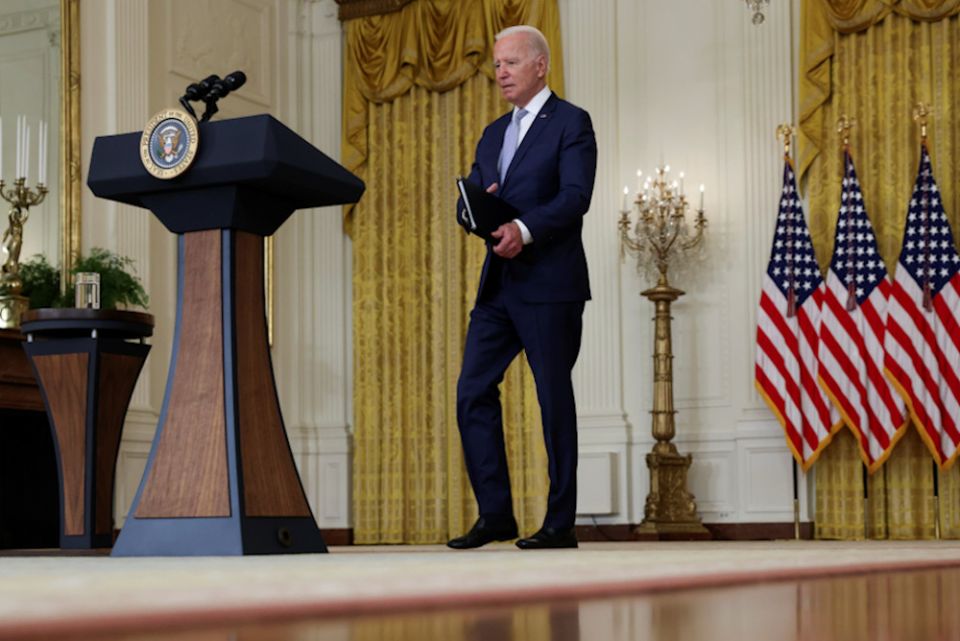 President Joe Biden arrives at the White House in Washington Aug. 12 to discuss his Build Back Better agenda. (CNS/Reuters/Evelyn Hockstein)