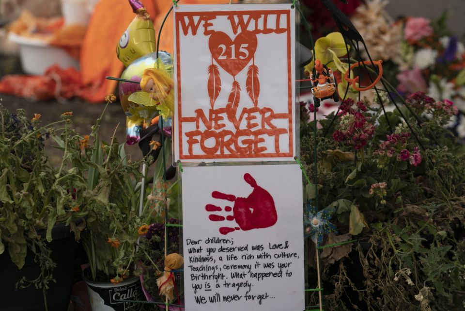 A memorial is seen outside the Residential School on June 13 in Kamloops, British Columbia. (AP/The Canadian Press/Jonathan Hayward)