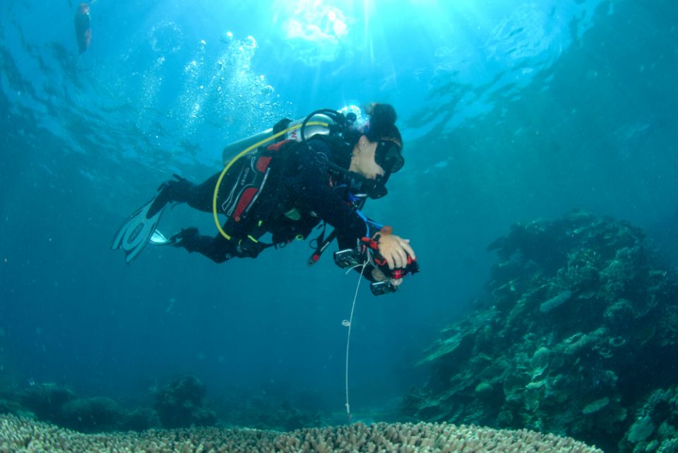 Alexandra Ordonez Alvarez of the University of Queensland collects georeferenced data in Far Northern Great Barrier Reef on Ashmore Bank. (Courtesy of Chris Roelfsema)