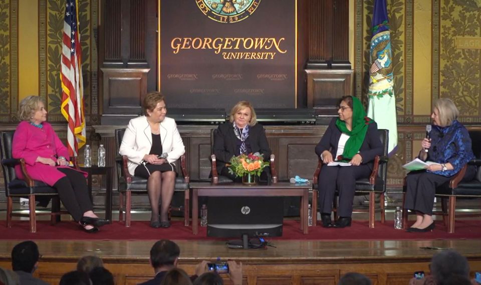 The Georgetown Institute for Women, Peace and Security presented its 2021 Hillary Rodham Clinton Awards to five women for their work in advancing gender equality at a ceremony Dec. 6 in Gaston Hall.