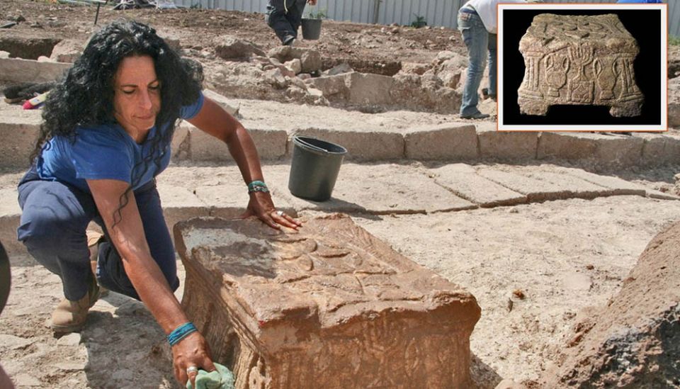 Archaeologist Dina Avshalom-Gorni works at a synagogue uncovered in Migdal, Israel, in 2009. The synagogue contained a stone embossed with the image of a seven-branched menorah. (RNS/Courtesy of Israel Antiquities Authority/University of Haifa)