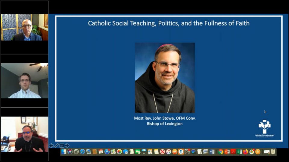 At left from top to bottom, Daniel Misleh of Catholic Climate Covenant, Dan DiLeo of Creighton University, and Bishop John Stowe of Lexington, Kentucky, are seen as Stowe speaks during a Sept. 10 webinar. (NCR screenshot)