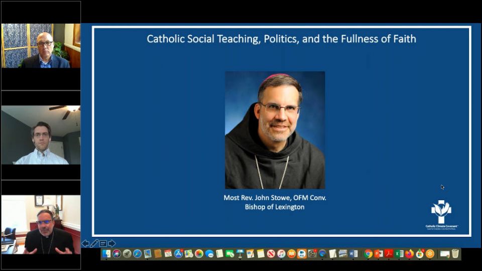 At left from top to bottom, Daniel Misleh of Catholic Climate Covenant, Dan DiLeo of Creighton University, and Bishop John Stowe of Lexington, Kentucky, are seen as Stowe speaks during a Sept. 10 webinar. (NCR screenshot) At left from top to bottom, Daniel Misleh of Catholic Climate Covenant, Dan DiLeo of Creighton University, and Bishop John Stowe of Lexington, Kentucky, are seen as Stowe speaks during a Sept. 10 webinar. (NCR screenshot)