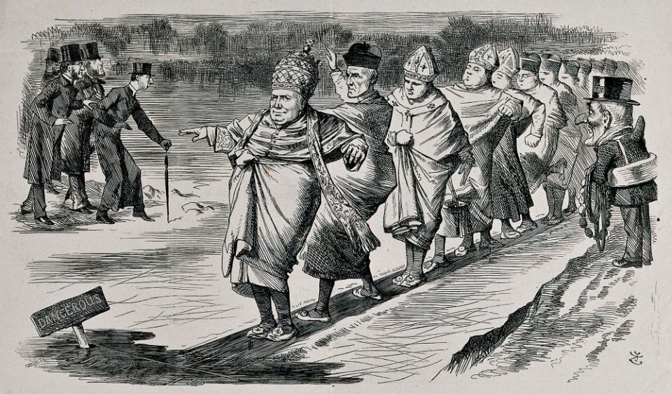 An 1869 English illustration satirizes the debate over papal infallibility during the First Vatican Council. (Wellcome Library, London) An 1869 English illustration satirizes the debate over papal infallibility during the First Vatican Council. (Wellcome Library, London)