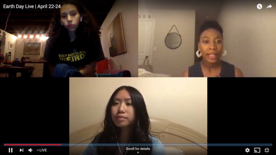 From left, Fiona Jarvis, Cynthia Leung and Krissy Oliver-Mays, three youth activists with Extinction Rebellion, discuss just representation in the media as part of the Future Coalition Earth Day broadcast. (Screenshot)