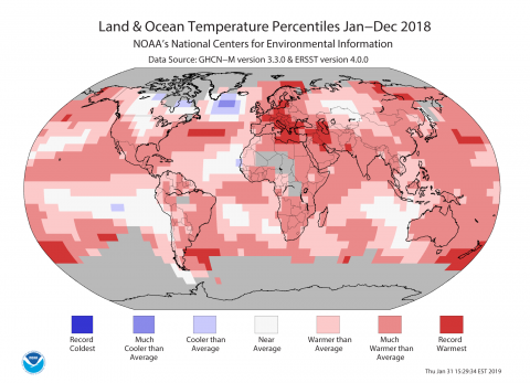 Source: NOAA National Centers for Environmental Information, State of the Climate: Global Climate Report for Annual 2018