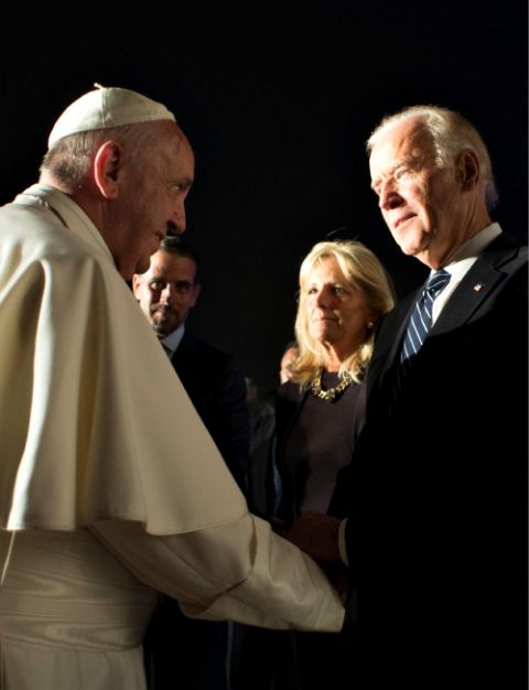 Pope Francis greets Vice President Joe Biden and his wife, Jill, during a farewell ceremony at Philadelphia International Airport Sept. 27, 2015. (CNS/L'Osservatore Romano, handout) Pope Francis greets Vice President Joe Biden and his wife, Jill, during a farewell ceremony at Philadelphia International Airport Sept. 27, 2015. (CNS/L'Osservatore Romano, handout)